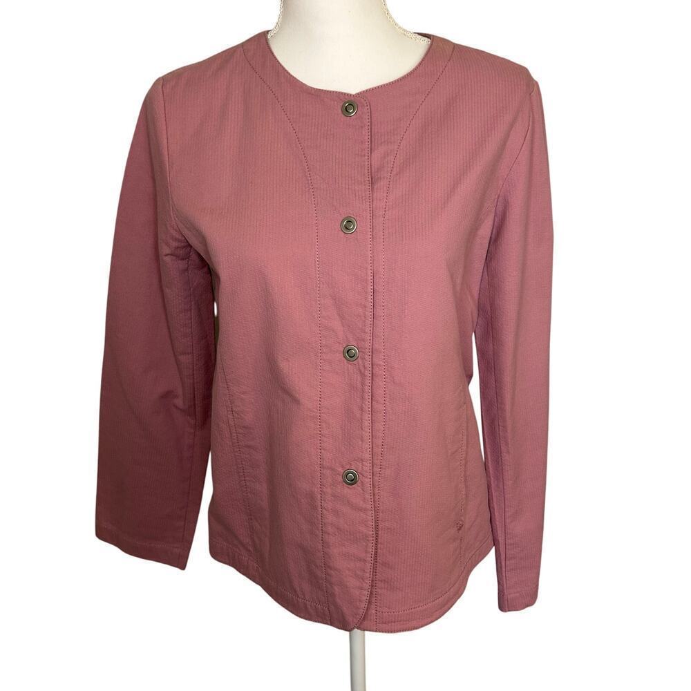Eileen Fisher pink snap front cotton long sleeve crewβ neck jacket size S